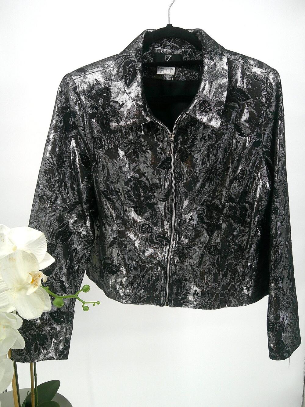 Vintage Lori Zoni Womens Sz Large Silver Metallic Textured Floral Zip Up Jacket